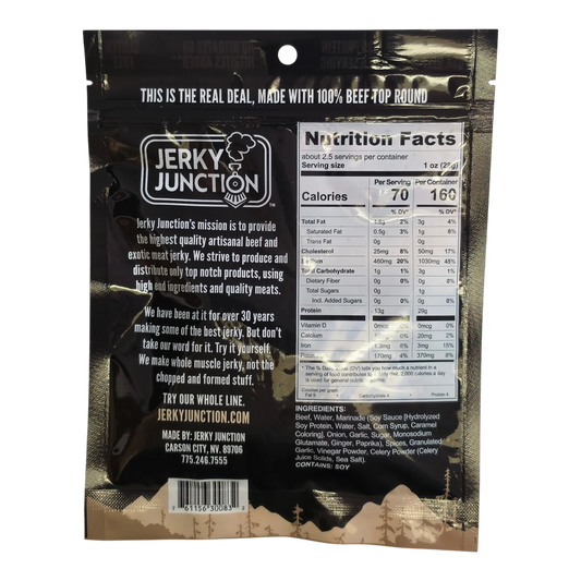 Jerky Junction Old Fashioned beef jerky back with Nutrition Facts, ingredients, Contains Soy and 100% beef top round claim