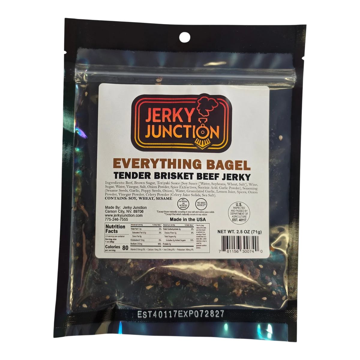 Jerky Junction Everything Bagel Beef Jerky front, clear pouch with white label, dark brisket pieces dotted with sesame seeds