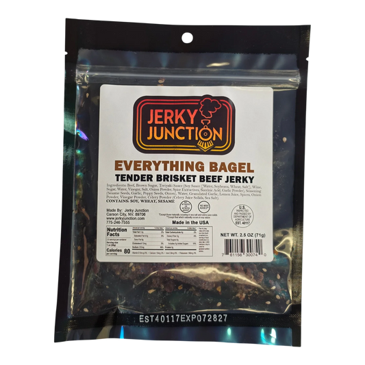 Jerky Junction Everything Bagel Beef Jerky front, clear pouch with white label, dark brisket pieces dotted with sesame seeds
