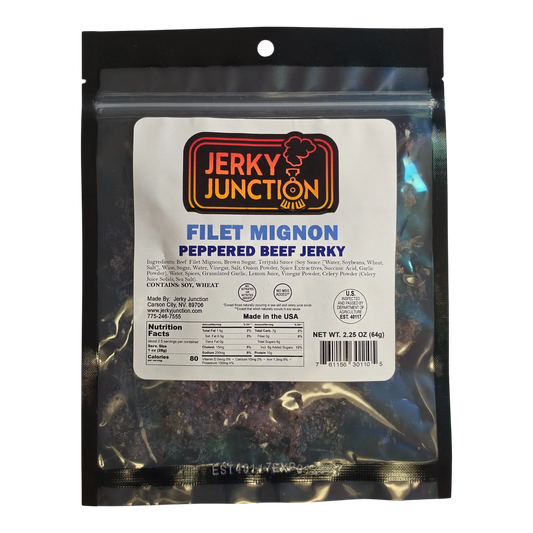 Jerky Junction Filet Mignon Peppered Beef Jerky front, clear bag with white label and dark speckled jerky visible inside
