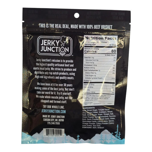 Jerky Junction Garlic Head beef jerky back with Nutrition Facts, ingredients, soy and wheat allergens, 100% brisket claim