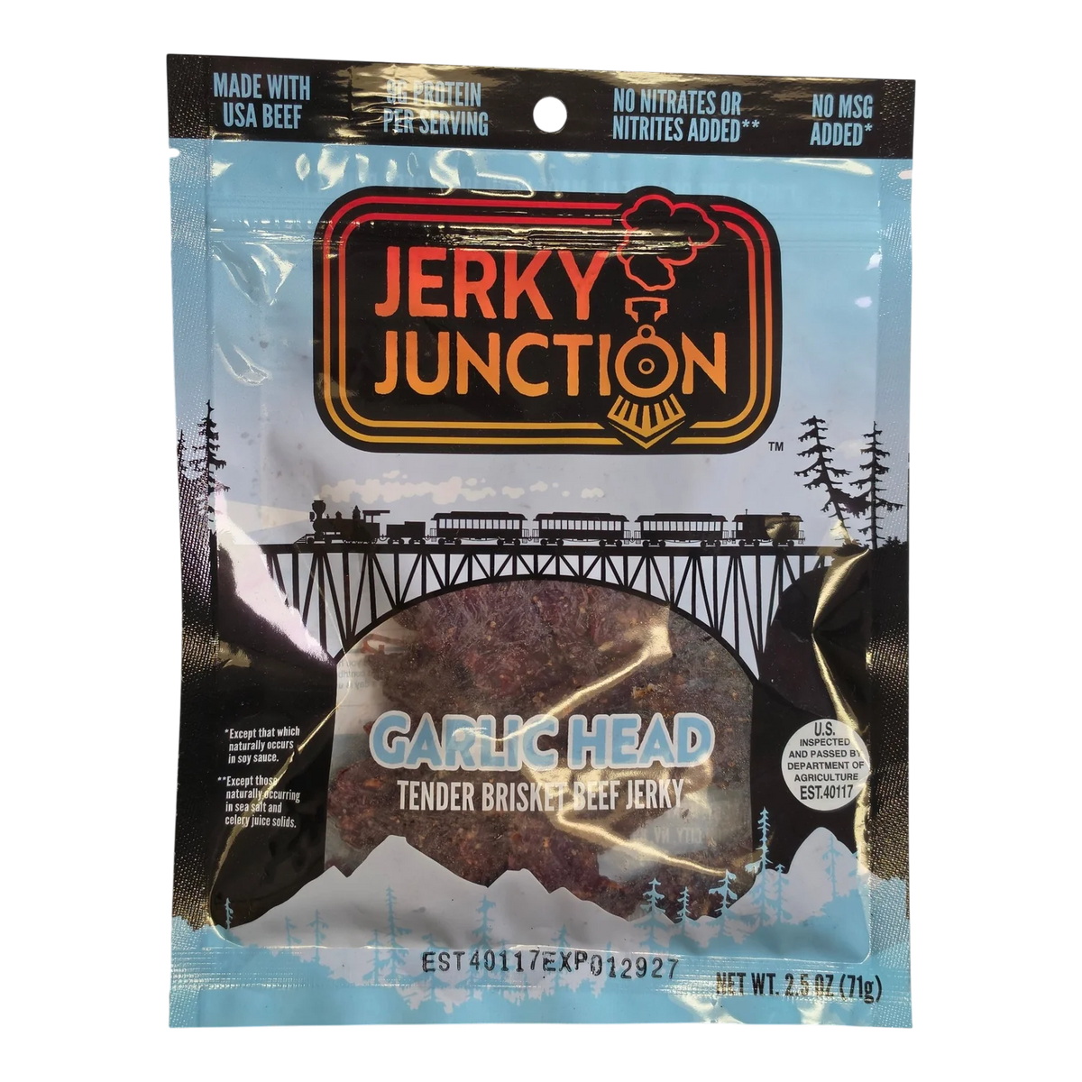Jerky Junction Garlic Head brisket beef jerky front, blue bag with train art and window showing dark reddish-brown pieces