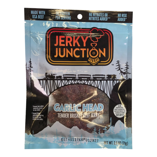 Jerky Junction Garlic Head brisket beef jerky front, blue bag with train art and window showing dark reddish-brown pieces