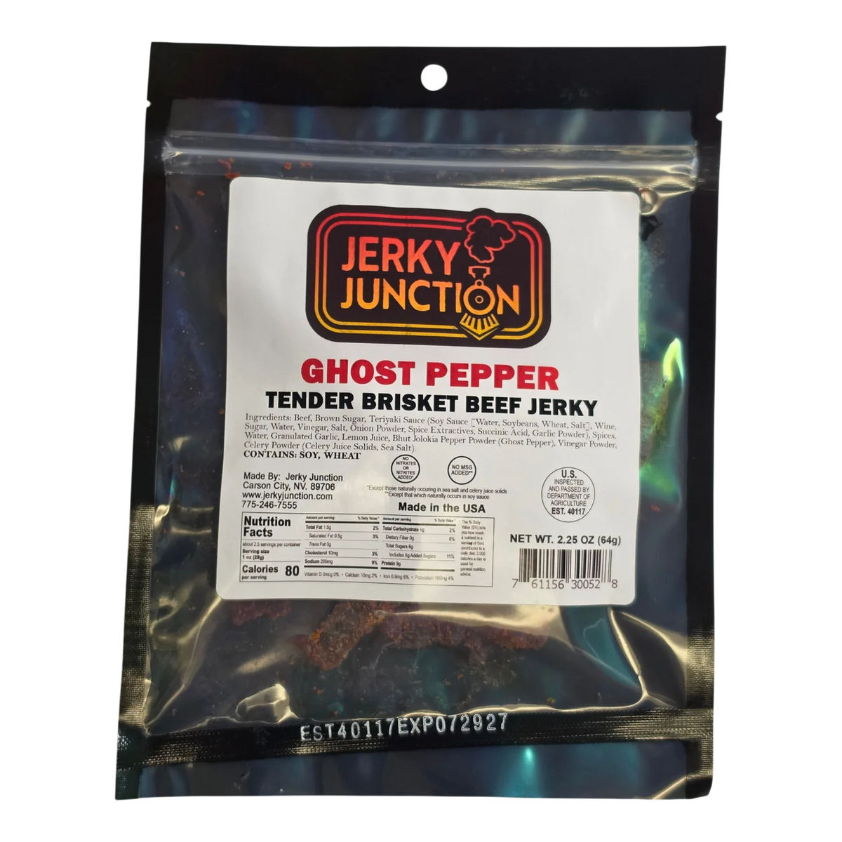 Jerky Junction Ghost Pepper Brisket Beef Jerky front, clear bag showing dark reddish-brown jerky strips with red seasoning
