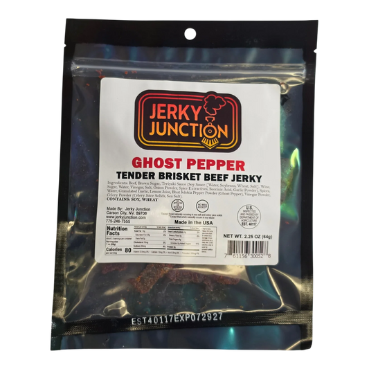 Jerky Junction Ghost Pepper Brisket Beef Jerky front, clear bag showing dark reddish-brown jerky strips with red seasoning