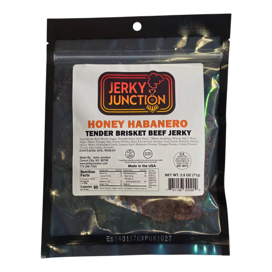 Jerky Junction Honey Habanero Beef Jerky front, clear bag, label with Nutrition Facts, dark reddish-brown brisket pieces