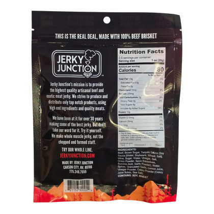 Jerky Junction Hot Brisket Beef Jerky back with Nutrition Facts, ingredients, contains soy and wheat, and brand mission