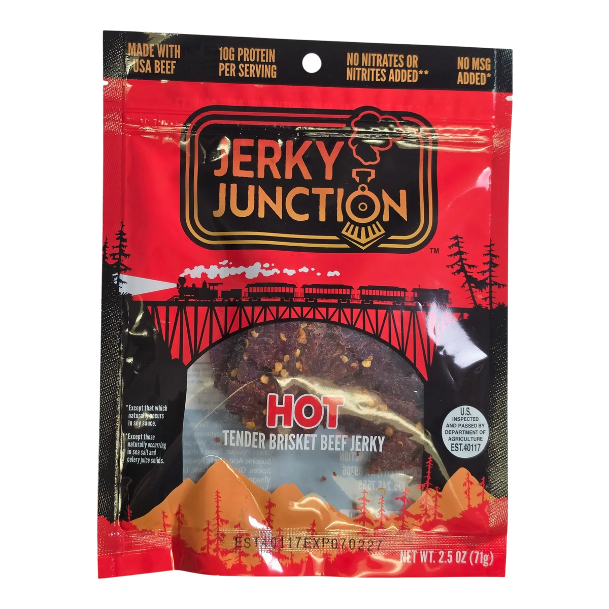 Jerky Junction Hot Brisket Beef Jerky front, red bag with window showing dark reddish-brown pieces flecked with red spice