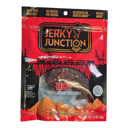 Jerky Junction Hot Brisket Beef Jerky front, red bag with window showing dark reddish-brown pieces flecked with red spice