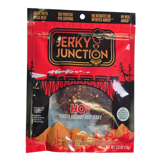 Jerky Junction Hot Brisket Beef Jerky front, red bag with window showing dark reddish-brown pieces flecked with red spice