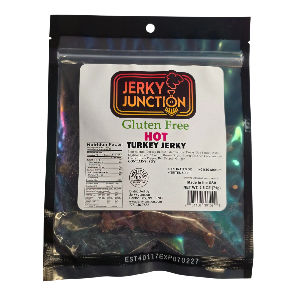 Jerky Junction Hot Turkey Jerky front, black bag with window showing dark reddish-brown turkey jerky pieces flecked with red