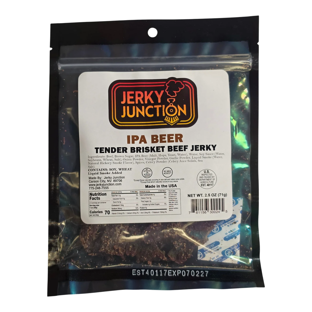 Jerky Junction IPA Beer Brisket Beef Jerky front: clear bag, label with ingredients and Nutrition Facts, dark jerky visible