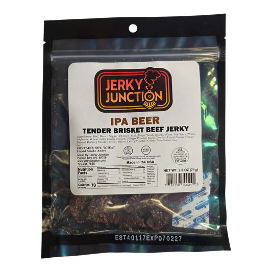 Jerky Junction IPA Beer Brisket Beef Jerky front: clear bag, label with ingredients and Nutrition Facts, dark jerky visible