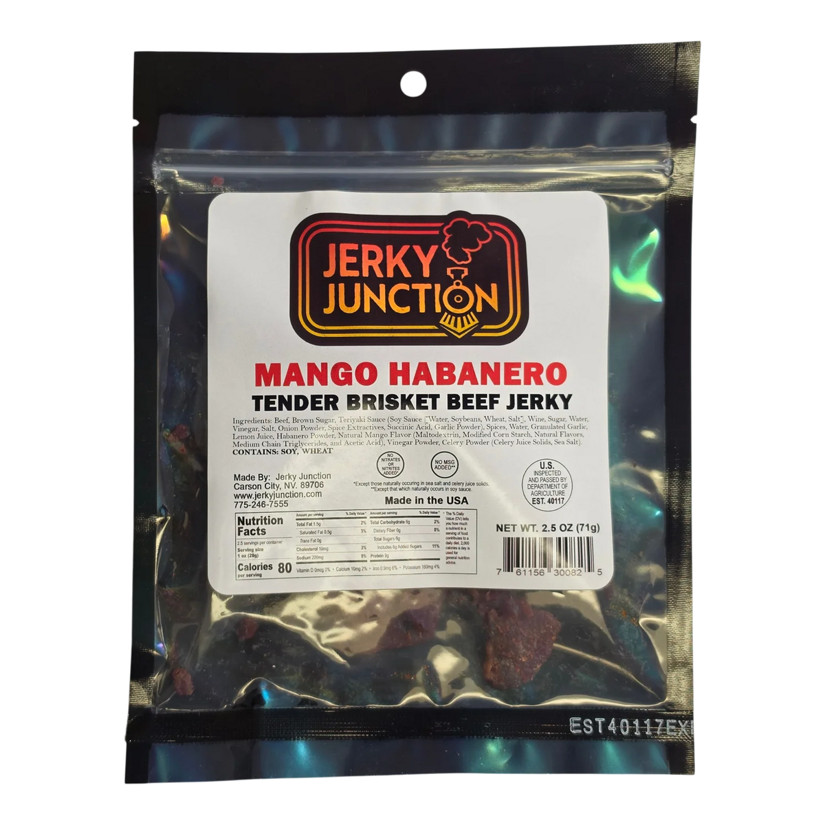 Jerky Junction Mango Habanero Beef Jerky front, clear bag with dark red-brown brisket jerky pieces visible below the label