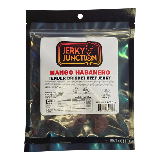 Jerky Junction Mango Habanero Beef Jerky front, clear bag with dark red-brown brisket jerky pieces visible below the label
