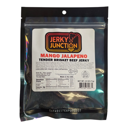 Jerky Junction Mango Jalapeno brisket beef jerky front, clear bag with dark jerky pieces visible around the white label