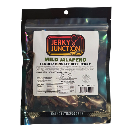Jerky Junction Mild Jalapeno Brisket Beef Jerky front, holographic bag, dark reddish-brown jerky visible through clear film