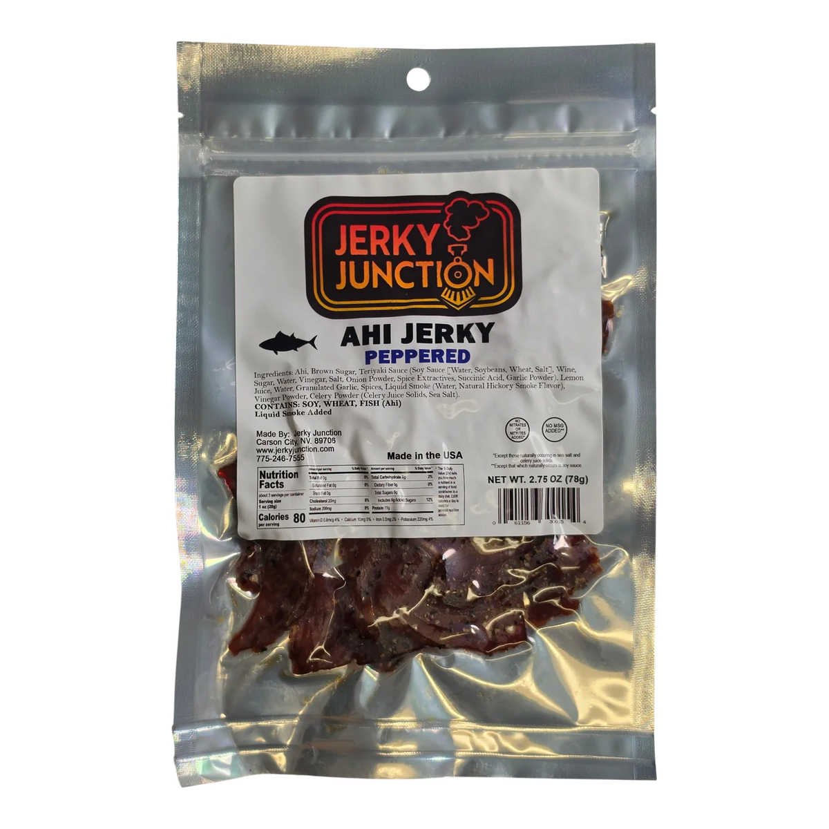 Jerky Junction Peppered Ahi Jerky front, silver bag with window showing dark reddish-brown tuna pieces flecked with pepper