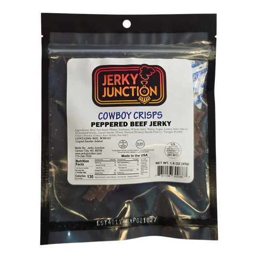 Jerky Junction Cowboy Crisps Peppered Beef Jerky front, clear bag with white label and dark brown jerky pieces visible