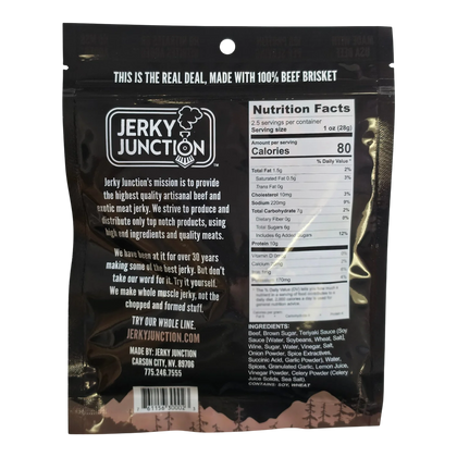 Jerky Junction Real Western Brisket Beef Jerky back with Nutrition Facts, ingredients, 100% beef brisket claim, Carson City