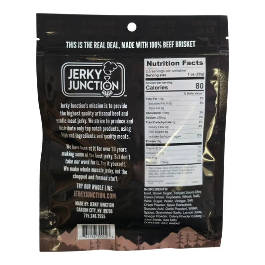 Jerky Junction Real Western Brisket Beef Jerky back with Nutrition Facts, ingredients, 100% beef brisket claim, Carson City