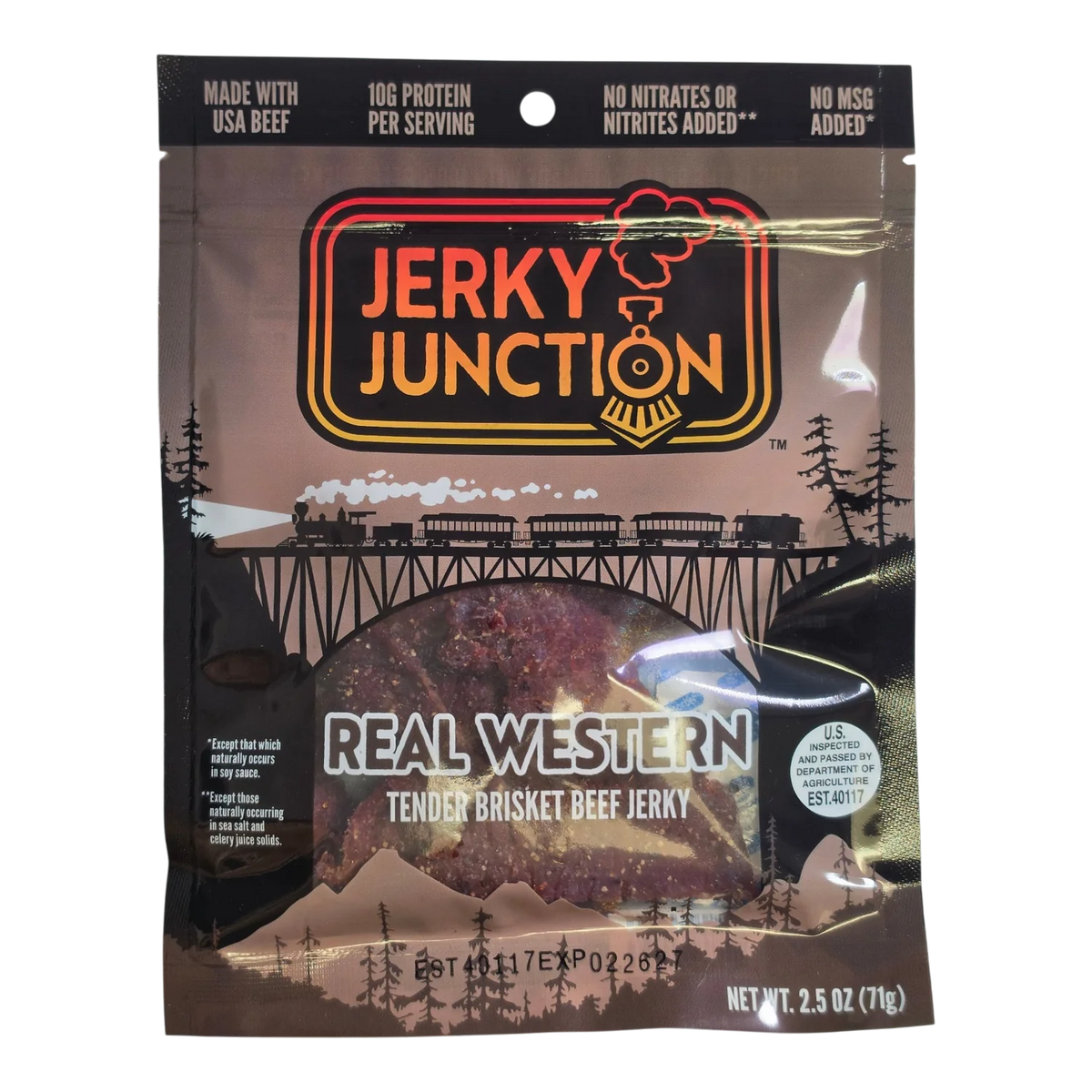 Jerky Junction Real Western Tender Brisket Beef Jerky front, train and bridge art, window showing dark reddish-brown strips