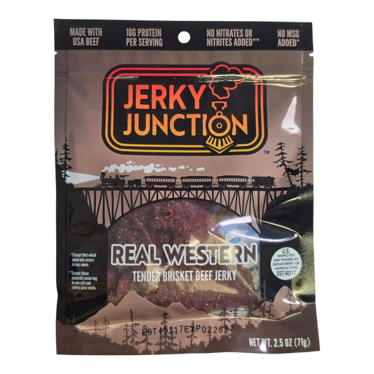 Jerky Junction Real Western Tender Brisket Beef Jerky front, train and bridge art, window showing dark reddish-brown strips
