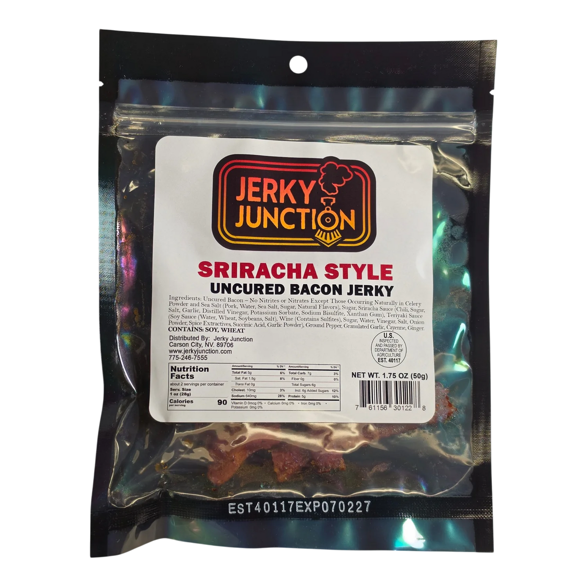 Jerky Junction Sriracha Style Uncured Bacon Jerky front, black bag with clear window showing reddish-brown bacon pieces