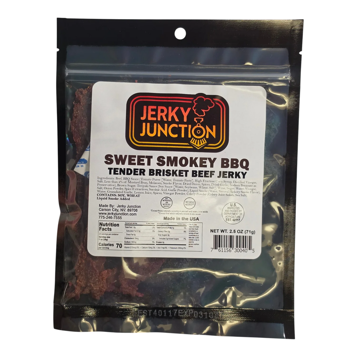 Jerky Junction Sweet Smokey BBQ Tender Brisket Beef Jerky front, clear black bag showing dark reddish-brown brisket pieces
