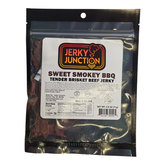 Jerky Junction Sweet Smokey BBQ Tender Brisket Beef Jerky front, clear black bag showing dark reddish-brown brisket pieces