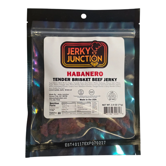 Jerky Junction Habanero Tender Brisket Beef Jerky front, clear holographic bag with window showing dark reddish-brown pieces