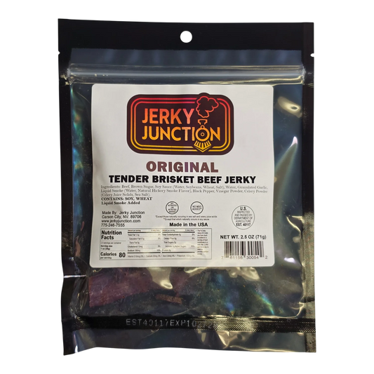 Jerky Junction Original Tender Brisket Beef Jerky front, clear bag with label, nutrition facts and dark jerky pieces showing