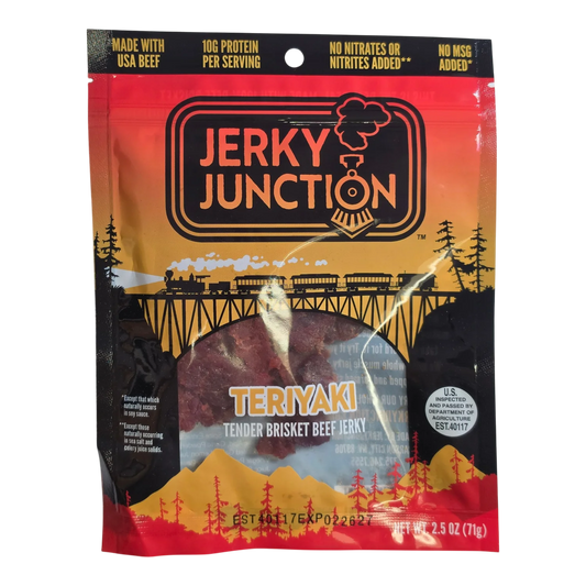 Jerky Junction Teriyaki Tender Brisket Beef Jerky front, red and black bag with window showing dark reddish-brown beef pieces