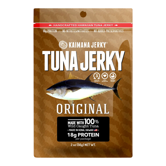 Kaimana Jerky Original Tuna Jerky front of bag with tuna illustration, no window, made in Hawaii with 100% wild caught tuna