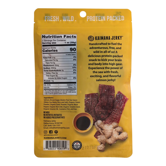 Kaimana Jerky Teriyaki Salmon Jerky back label with nutrition facts, ingredients, no MSG claim and photo of jerky strips