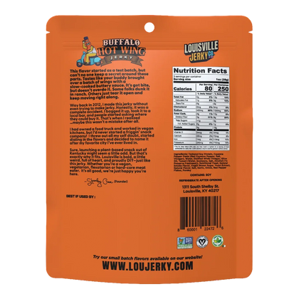 Back of Louisville Jerky Co. Buffalo Hot Wing jerky bag with nutrition facts, ingredients, founder story and Non-GMO badge