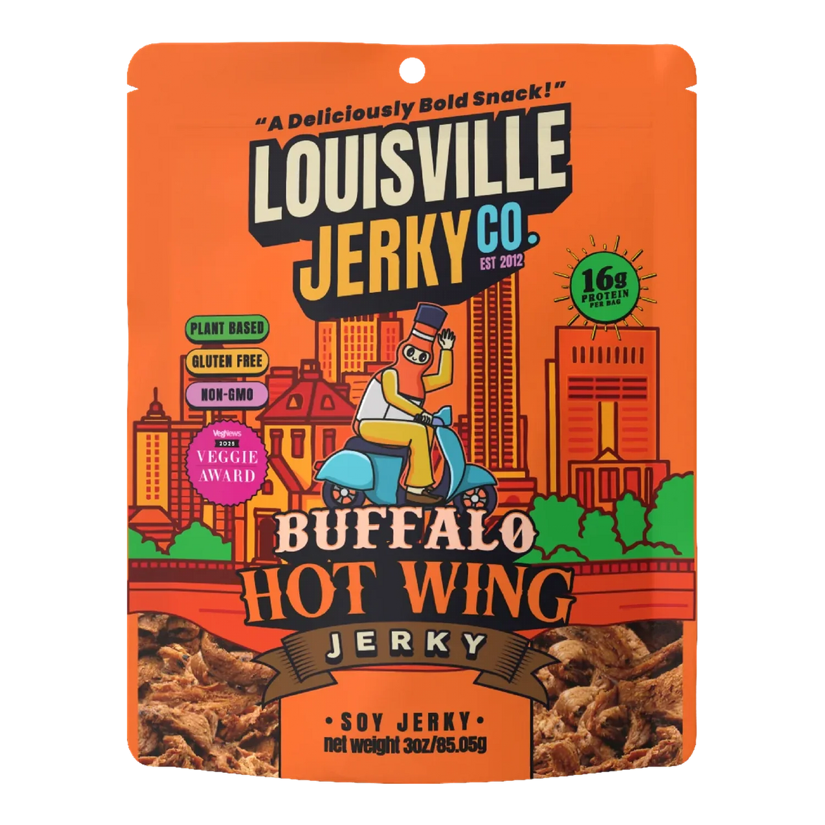 Louisville Jerky Co. Buffalo Hot Wing soy jerky bag, orange city skyline art with a printed photo of jerky pieces, no window