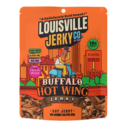 Louisville Jerky Co. Buffalo Hot Wing soy jerky bag, orange city skyline art with a printed photo of jerky pieces, no window