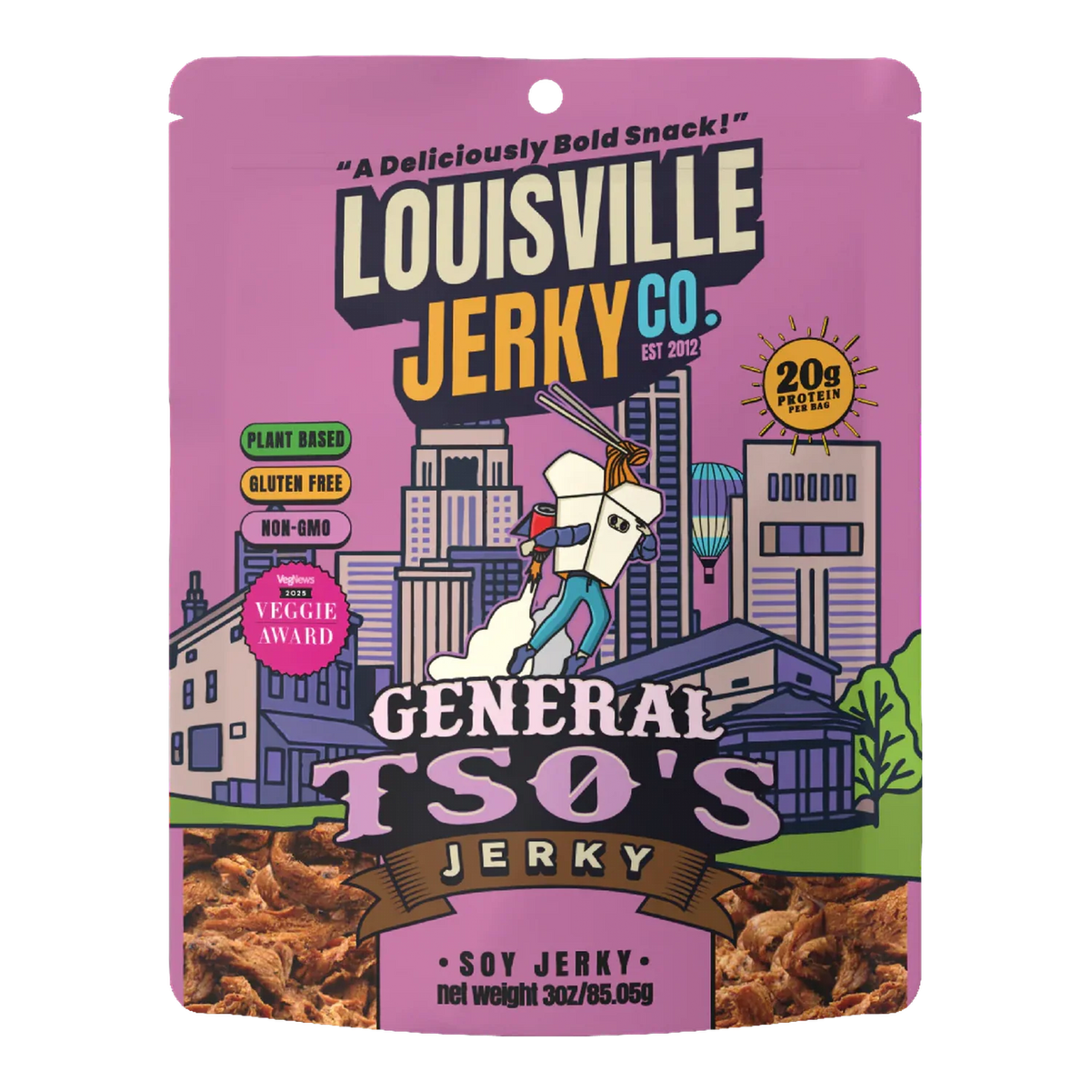 Louisville Jerky Co. General Tso's Jerky front: purple bag, city skyline art and a printed photo of the soy jerky