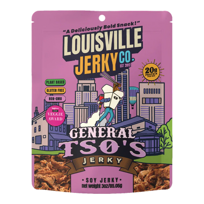 Louisville Jerky Co. General Tso's Jerky front: purple bag, city skyline art and a printed photo of the soy jerky