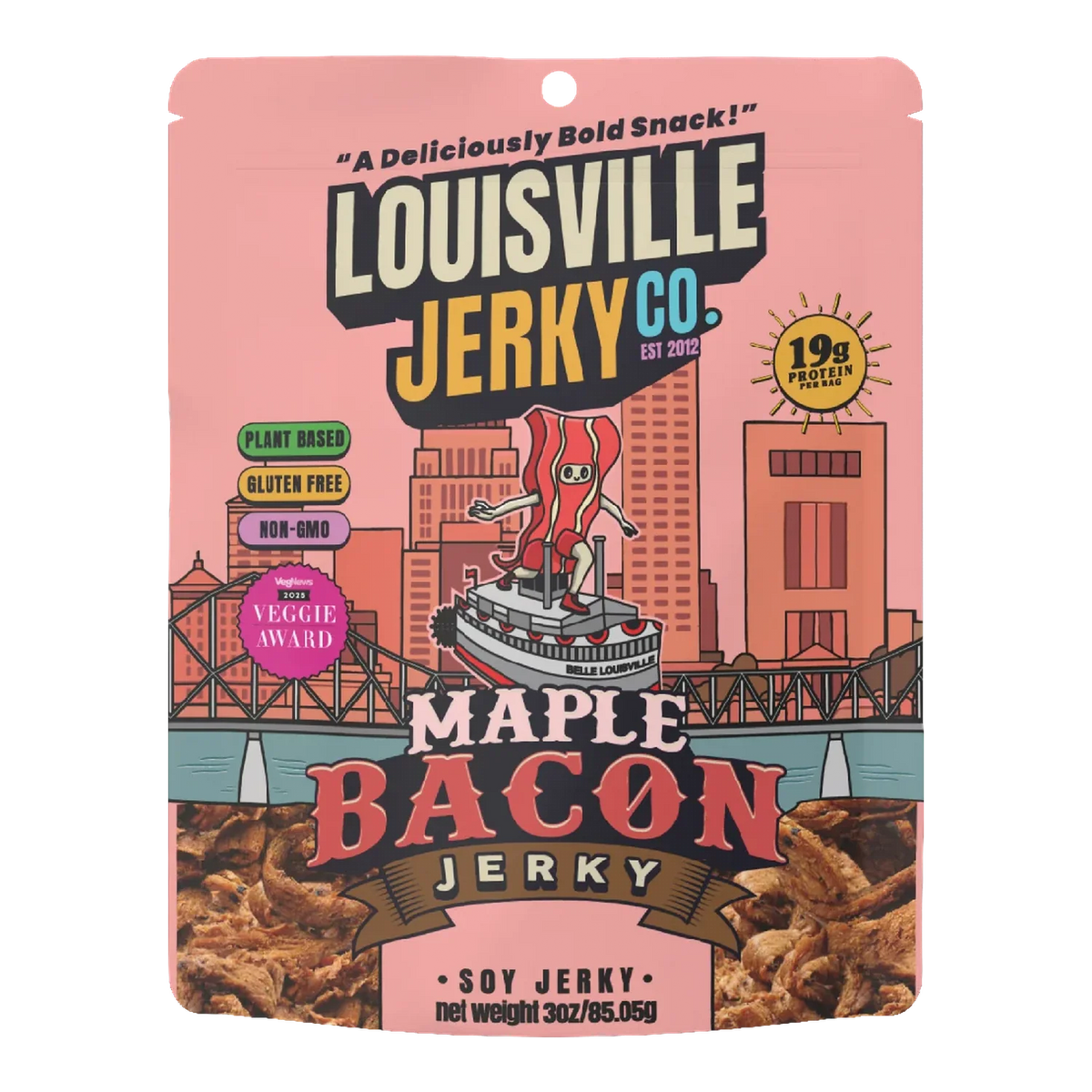 Louisville Jerky Co. Maple Bacon soy jerky bag, pink, with a bacon character on a riverboat and jerky pieces pictured below