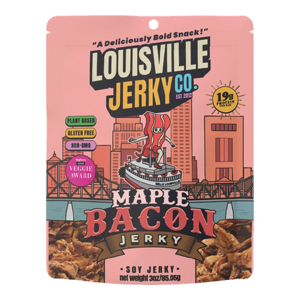 Louisville Jerky Co. Maple Bacon soy jerky bag, pink, with a bacon character on a riverboat and jerky pieces pictured below