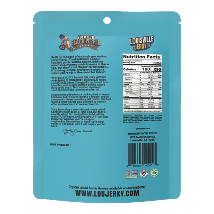 Louisville Jerky Co. Smoked Black Pepper Jerky back of bag with founder story, nutrition facts, ingredients and badges