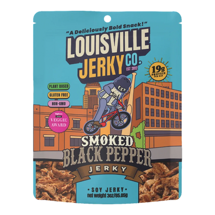 Louisville Jerky Co. Smoked Black Pepper Jerky front of bag: blue pouch, BMX rider art, photo of shredded soy jerky below
