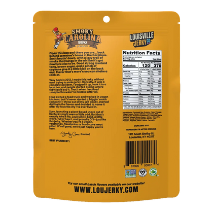 Louisville Jerky Co. Smoky Carolina BBQ jerky bag back with founder story, ingredients, nutrition facts and certifications