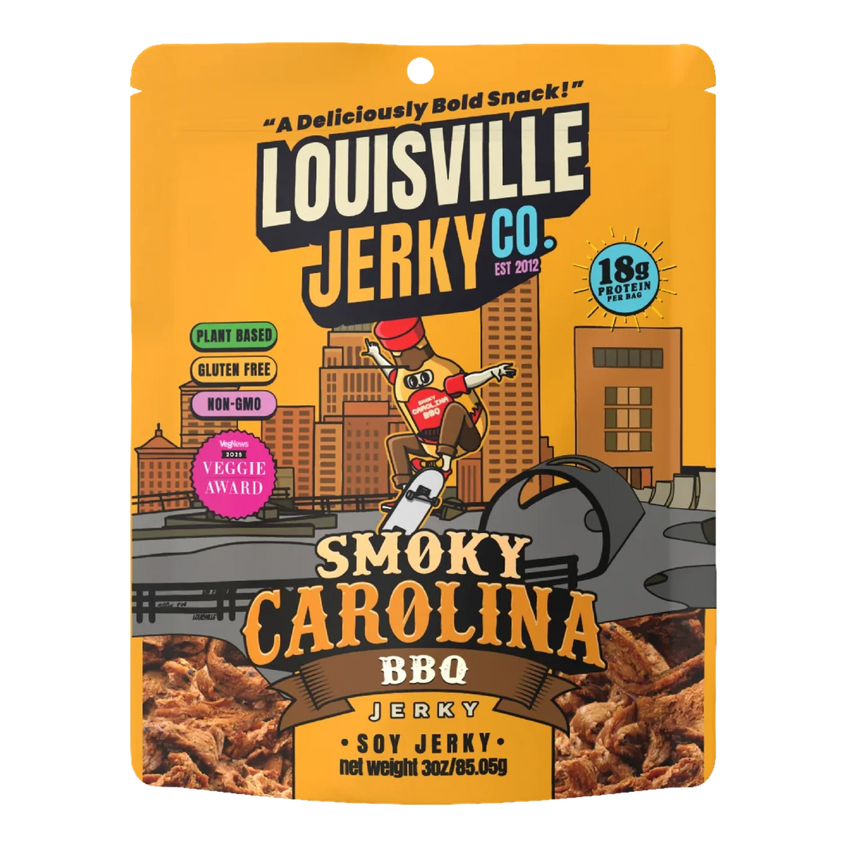Louisville Jerky Co. Smoky Carolina BBQ soy jerky bag front with skateboarding mascot, city skyline and photo of jerky pieces
