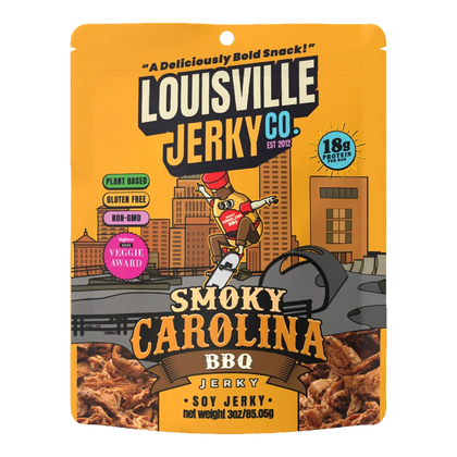 Louisville Jerky Co. Smoky Carolina BBQ soy jerky bag front with skateboarding mascot, city skyline and photo of jerky pieces