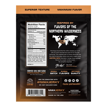 MaxJerky Montréal Maple Bacon Burnt Ends back label with nutrition facts, ingredients, contains soy and Montréal story