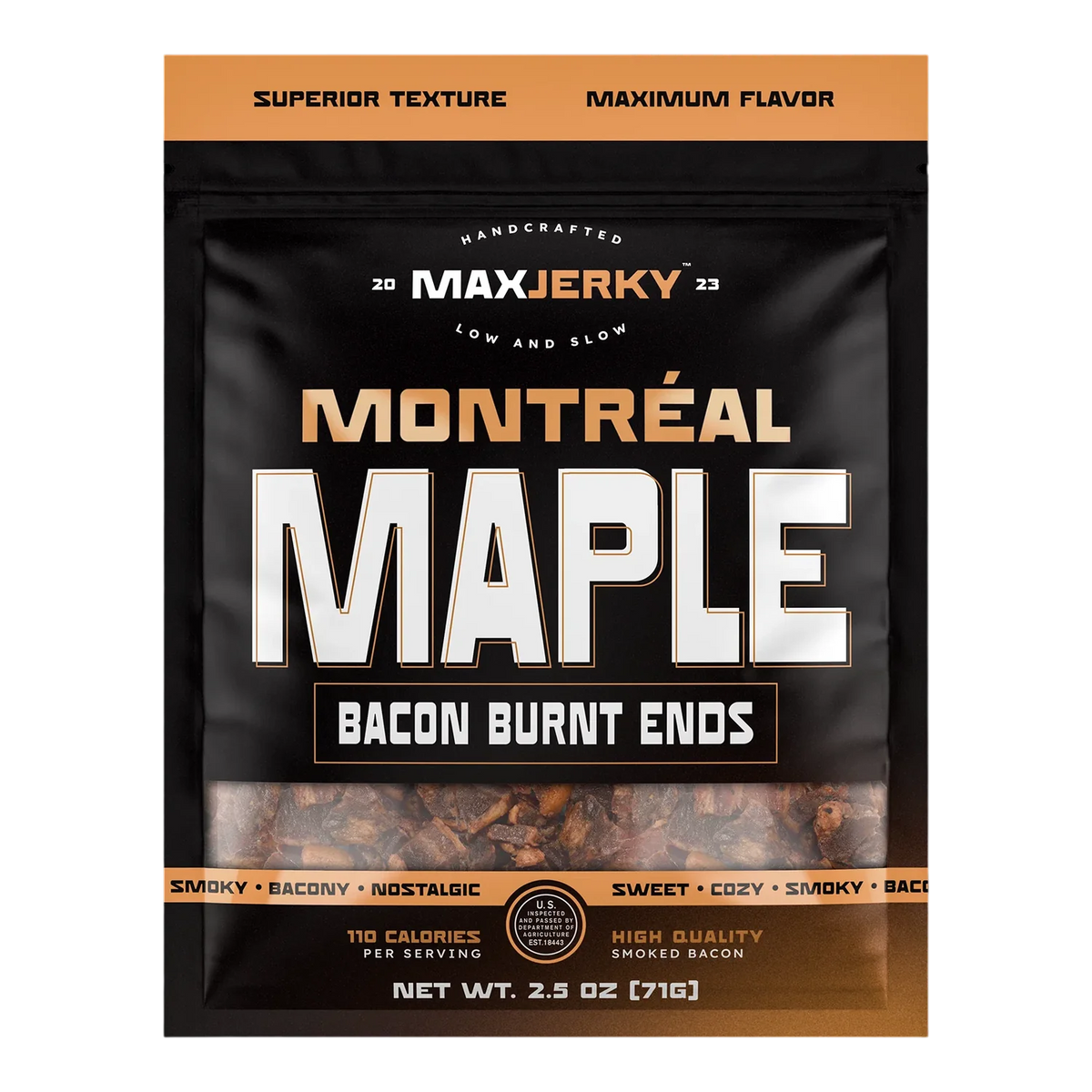 MaxJerky Montréal Maple Bacon Burnt Ends front of bag, window showing dark brown pieces of smoked bacon