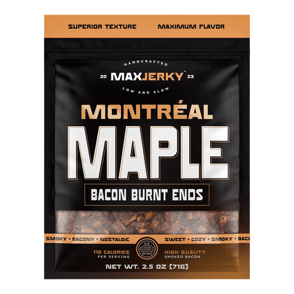 MaxJerky Montréal Maple Bacon Burnt Ends front of bag, window showing dark brown pieces of smoked bacon